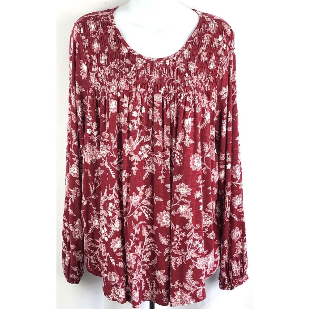 Knox Rose Top XS Red/wht Floral Smocked Scoop Neck Balloon Sleeve Peasant Boho